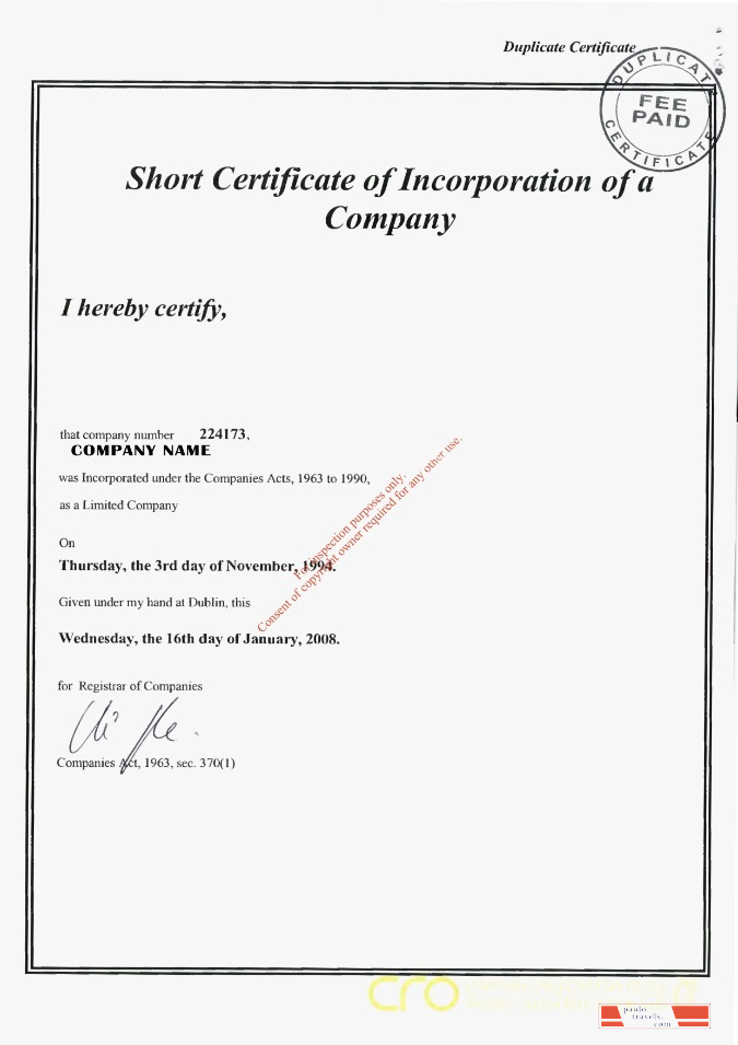 Ireland Certificate of Incorporation
